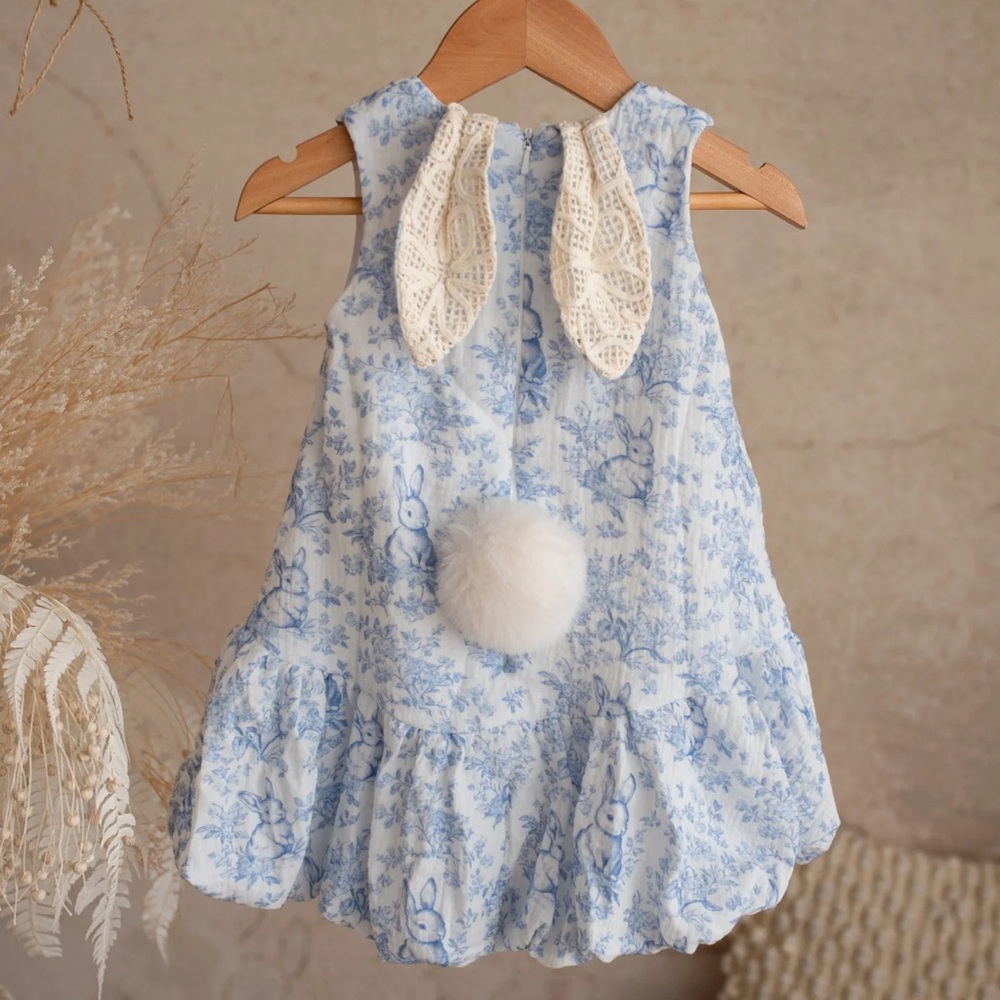 Blue Floral Bunny Print Sleeveless Kids Dress with Crochet Bow